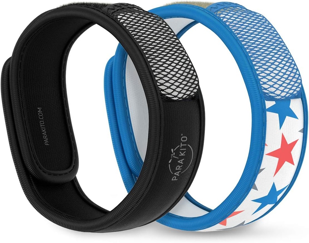 PARA'KITO Mosquito Repelent Bracelets + Refill Pellets Bundle, Mosquito Bracelets, Peppermint Oil, DEET Free Mosquito Repeller, Pešia turistika Príslušenstvo, 2 Pásky a 2 Náplne (čierna + hviezdy)
