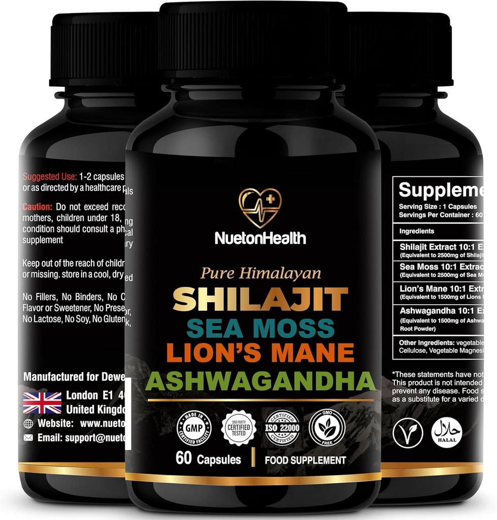 Shilajit, Sea Moss, Lion's Mane a Ashwagandha Kapsule - Komplexné All-in-One Wellness Supplement pre myseľ, telo a vitality - 60 Vegan Kapsule