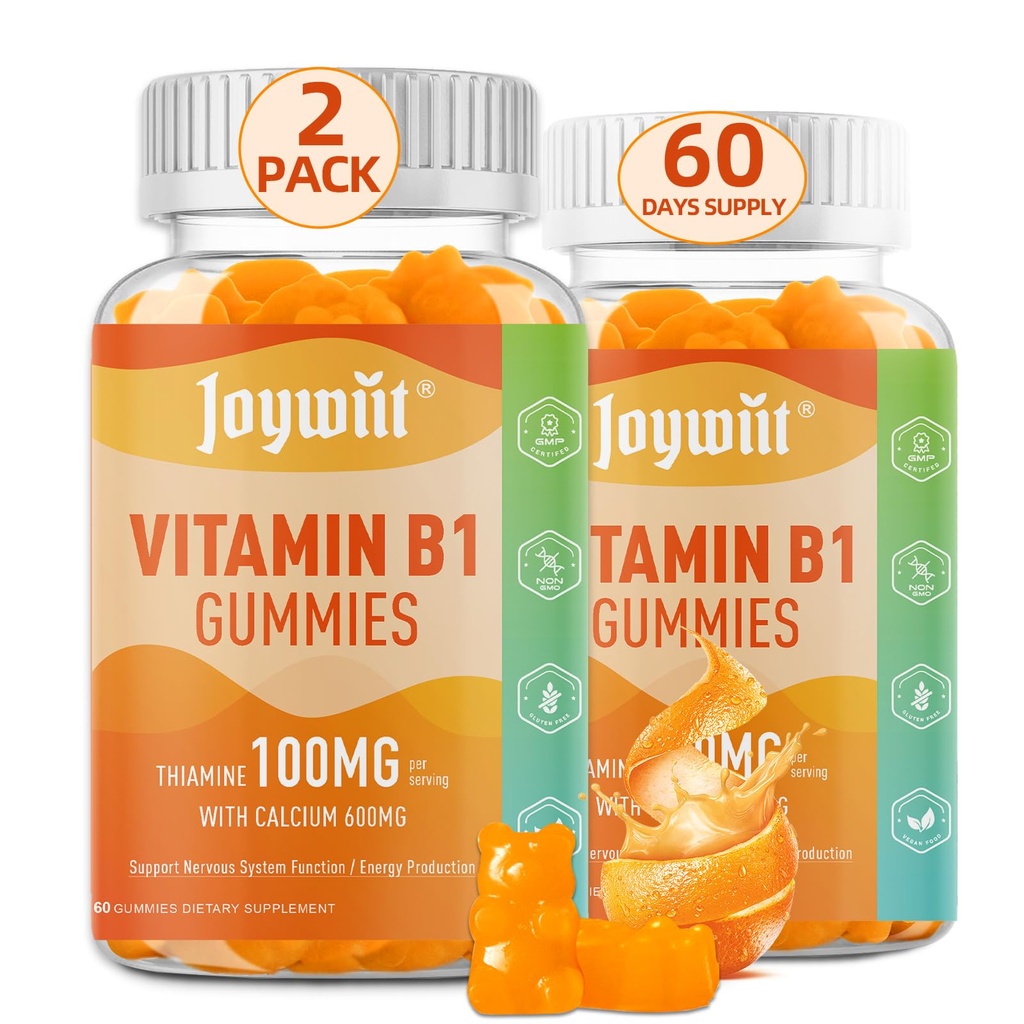 Vitamín B1 Gummies 100 mg pre dospelých a deti, tiamín B1 doplnok s 600 mg vápnika, nervový systém podporuje a posilňuje energiu, Orange flavor, Non GMO, Vegan, 120 Žuvacie Gummy