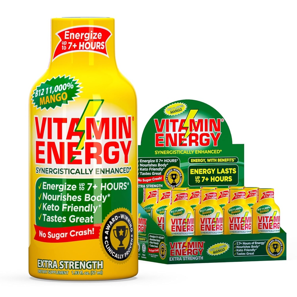 Vitamín Energy B12 11,000% Extra sila Shot Mango 12 Balenie, 260 mg prírodný kofeín, B12 & B6, Nootropné zameranie, vitalita, Zero Sugar, Gluten-free, Vegan, Kosher, 1,93 fl oz