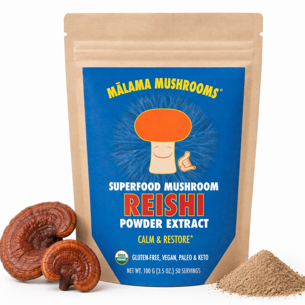 Malama Organic Reishi Mushrom Powder, Pure Fruiting Body Extract, Adaptogénne Superfood pre imunitnú podporu a wellness, 100 Serviv