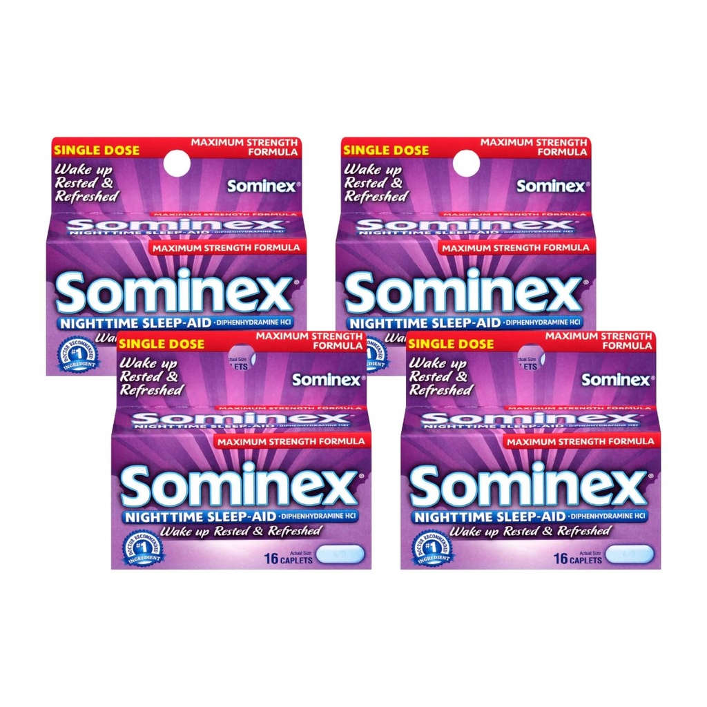 SOMINEX Nighttime Sleep-Aid Caplets, Maximálna sila, 16-Count Boxy (Pack of 4)