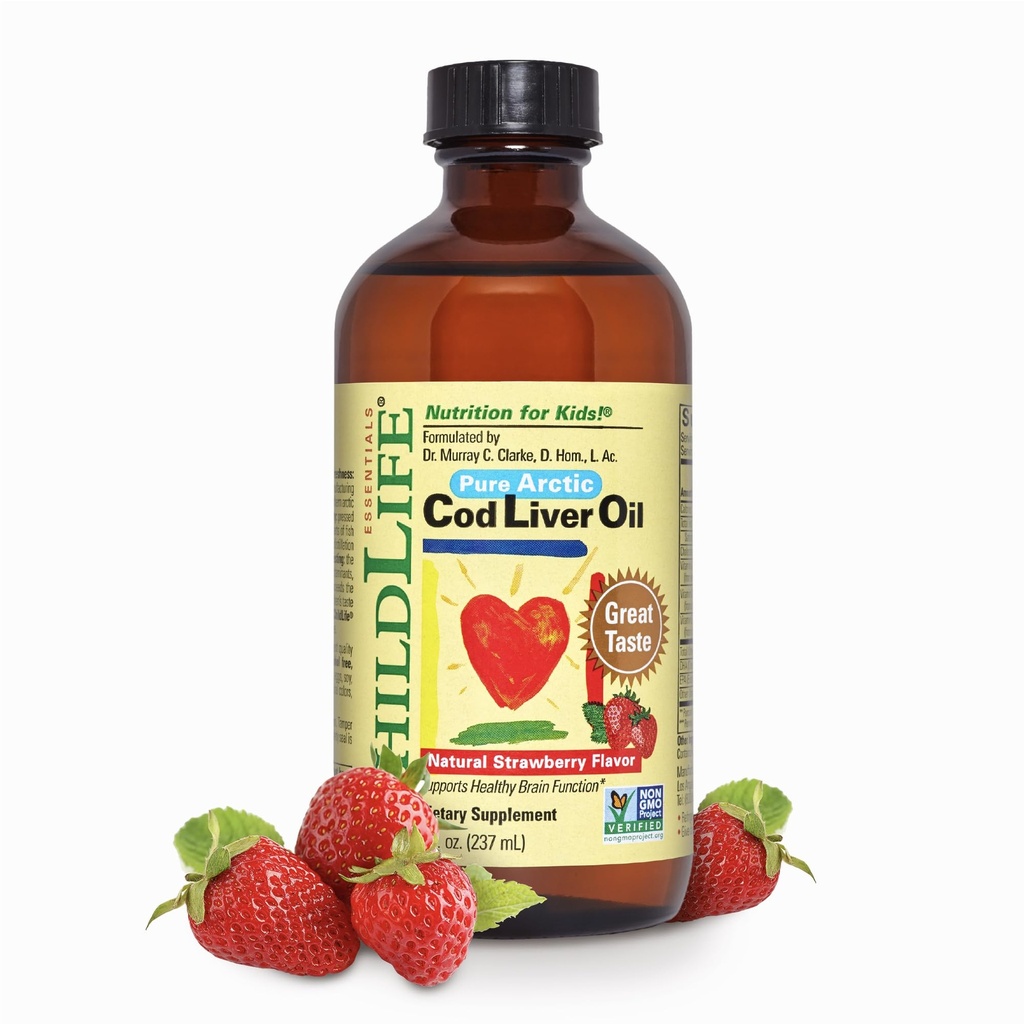 CHILDLIFE ESSIENTS Cod Liver Oil for Kids - Kids Cod Liquid Liquid Liquid Liquid Liquid Liquid, pre deti 6+ Mesiace, Batoľatá, Pridané DHA, EPA, Omega-3 Mastné kyseliny - Jahoda, 8 fl oz
