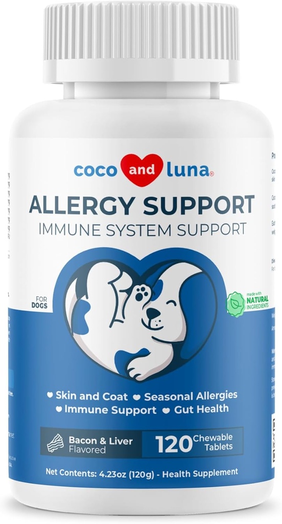 Alergia Podpora pre psy - 120 Žuvacie tablety - s vitamínom C, Omega 3 a Colostrum - Svrbenie Relief, Alergia Relief pre psy, koža Sother - s probiotikami pre imunitný systém zdravie