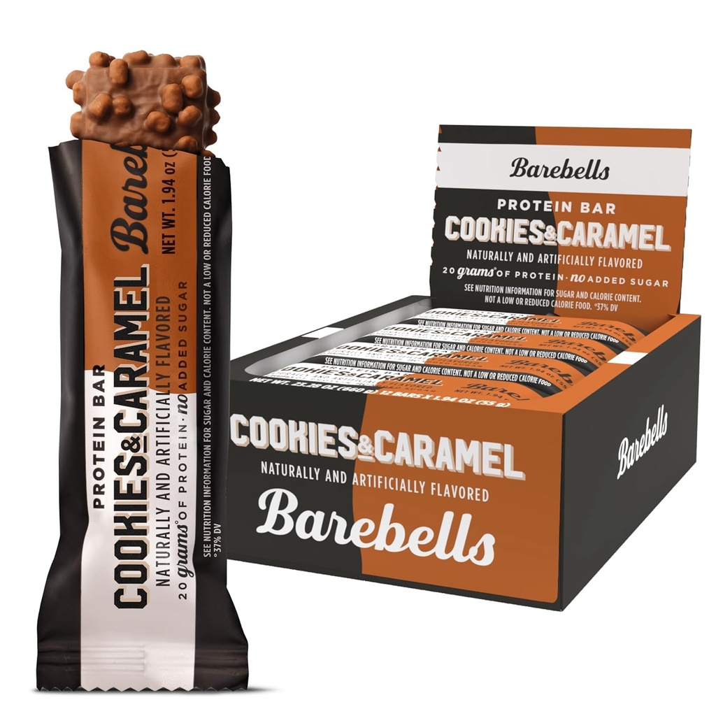 Barelky Bielkoviny Bary Cookies a karamel - 12 Počet, 20g High Protein Treats - Čokoládová výživa Bar s 1g celkom cukru - On-The-Go Raňajky alebo post-Work-out Snack