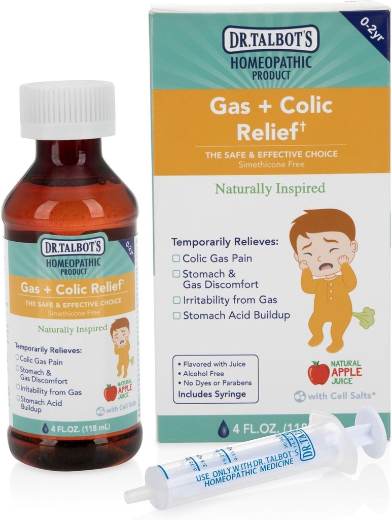 Dr. Talbot's Gas + Collic Relief Liquid Medicine, prirodzene inšpirovaný, pre dojčatá, Obsahuje striekačku, Apple Juice Flavor, 4 Fl Oz