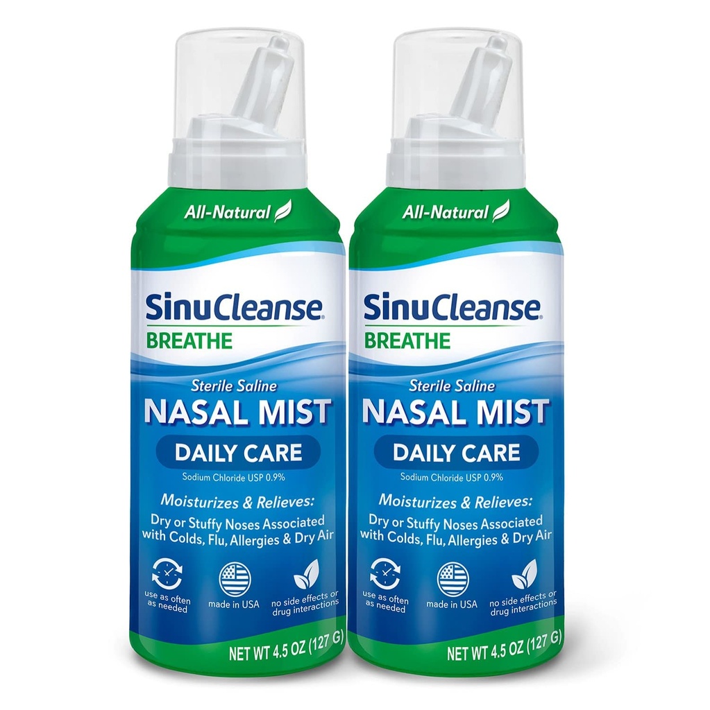SinuCleanse Daily Care Sterile Saline Nasal Spray, Ultra Fine Mist, Instantly Hydratuje & Relives Everyday Nasal Congestion Vzhľadom k chladu a suchého vzduchu, 4,5 Oz (2 balenia), Made in USA