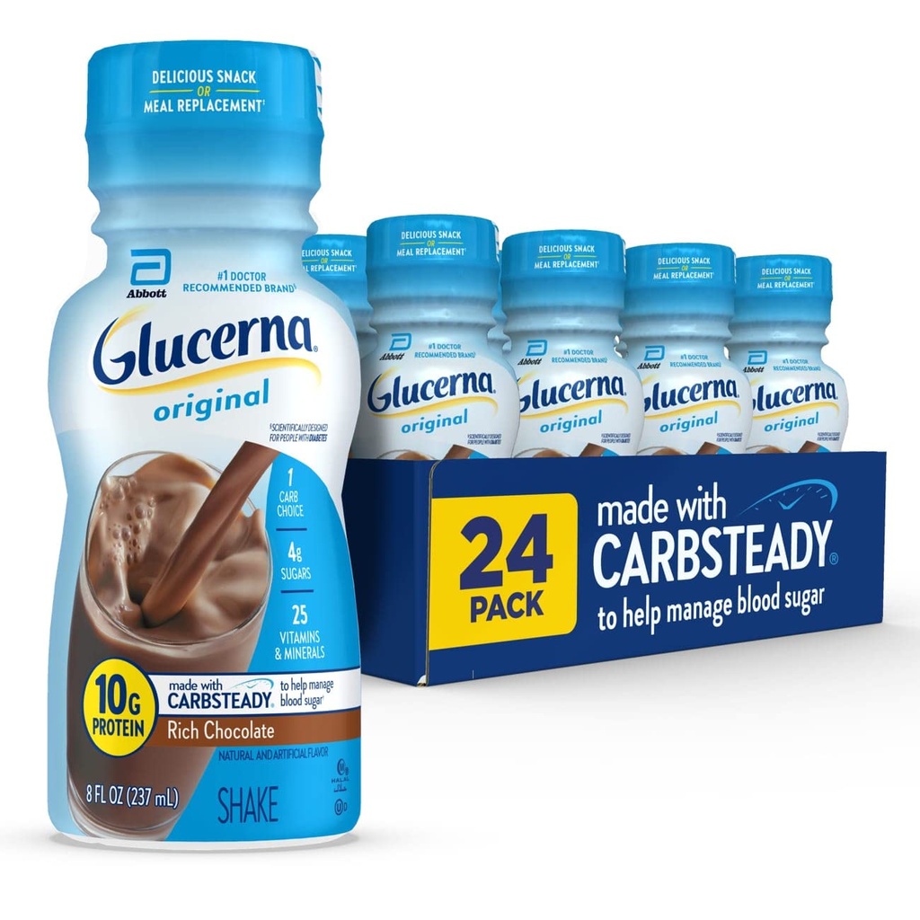Glucerna Original Cukrovka Starostlivosť o cukrovku Shake, bohatá čokoláda, diabetická náhrada jedla na podporu manažmentu cukru v krvi, 10g proteínu, 180 kalórií, pripravený na pitie, 8-fl-oz fľaše, 24 balenia