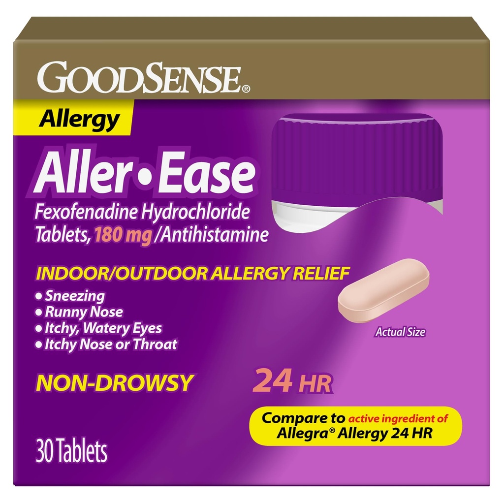 GoodSense Aller-Ease - Fexofenadín Hydrochlorid 180 mg tablety - 24-hodinová alergia na vnútornú a vonkajšiu úľavu, počet 30