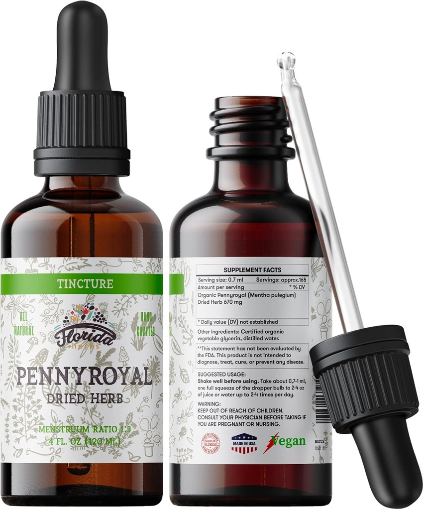 Pennyroyal Tinture, Organic Pennyroyal Extract (Mentha pulegium) Sušený Herb, non-GMO in Cold-Pressed Organic Glycerin 2 oz, 670 mg