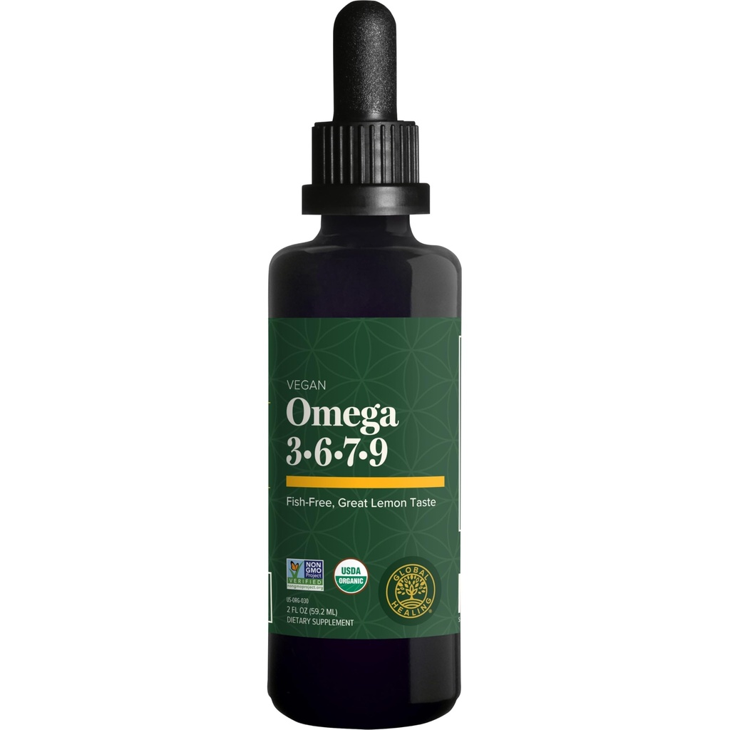 Global Healing Organic Omega 3 6 9 and 7 (Seaberry CO2 Extract) - Fish-free, non-GMO Omega 3 doplnok pre ženy a mužov, obsahuje Perilla Seed a ľanový olej - Fish Oil Alternatíva - 2 Fl Oz