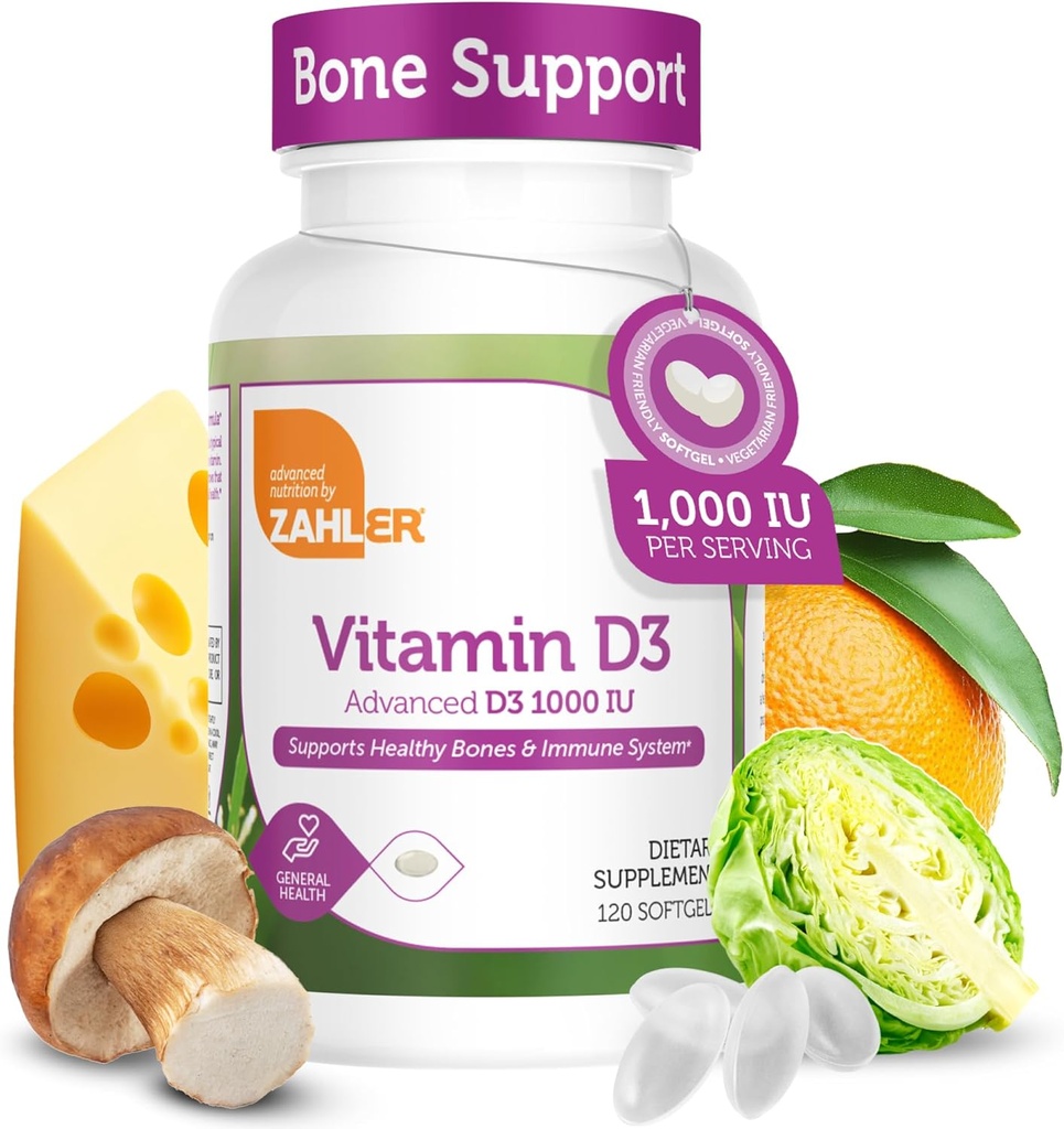 Zahler - Advanced Vitamin D3 1000 IU Softgels (120 gróf) Košer Vegetarián Priateľsky Vitamín D pre imunitnú podporu, kosti, zuby a svalové zdravie - jednoduché prehltnutie VIT D 3