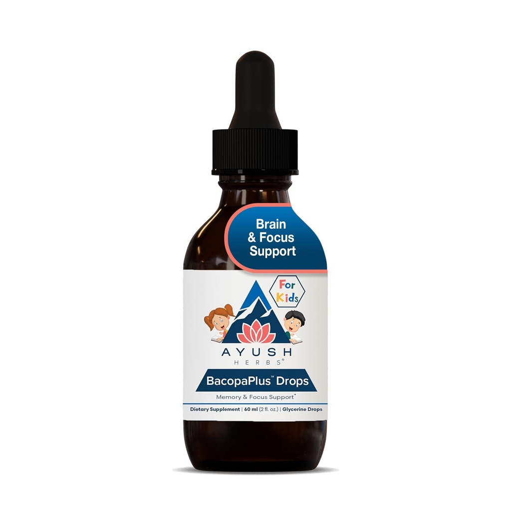Ayush Herbs BacopaPlus kvapky pre deti - Deti sústrediť a pozornosť doplnok s Bacopa, Ashwagandha, Ginkgo, Podpora mozgu a pamäte, organické zložky - 2 Fl Oz (80 Servings)