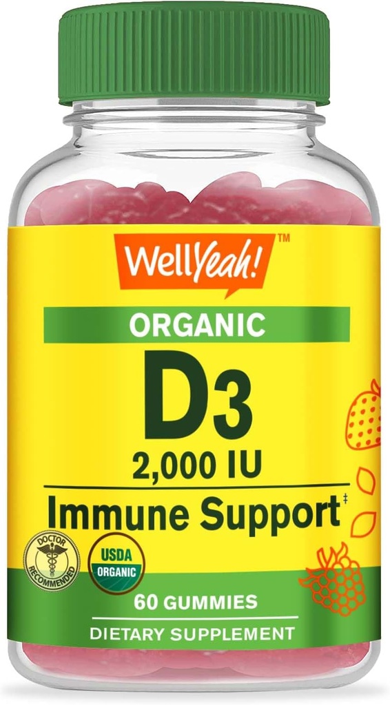 WellYeah Organic Vitamin D3 2 000 IU (50 μg) Gumies - Podpora kosti, svalovej sily a imunity - Non-GMO, Gluten Free - USDA Organic - Natural Flavors - 60 Gummies