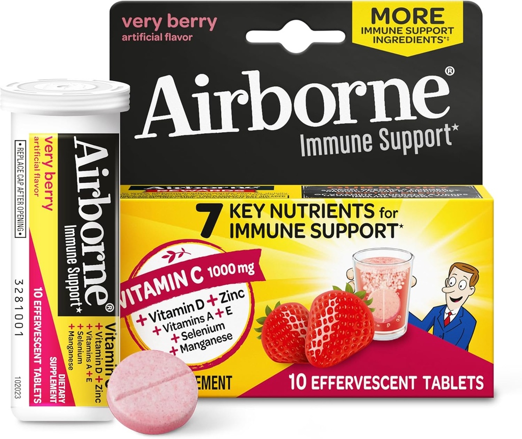 Vitamín C 1000 mg (per Serving) - Airborne Very Berry Effervescent Tablets (10 Počet v krabici), Gluten-Free Immune Suplement, s vitamínmi A C E, ZINC, Selenium, Echinacea & Ginger