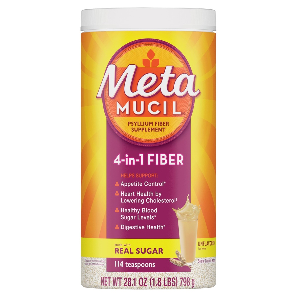 Metamucil, Psyllium Husk Powder, Unflavred Original Texture, s cukrom, 114 Servings, 4-in-1 Fiber Supplement, Daily Psyllium Husk Fiber Powder Pomoc Podpora Tráviace zdravie podporou pravidelnosti
