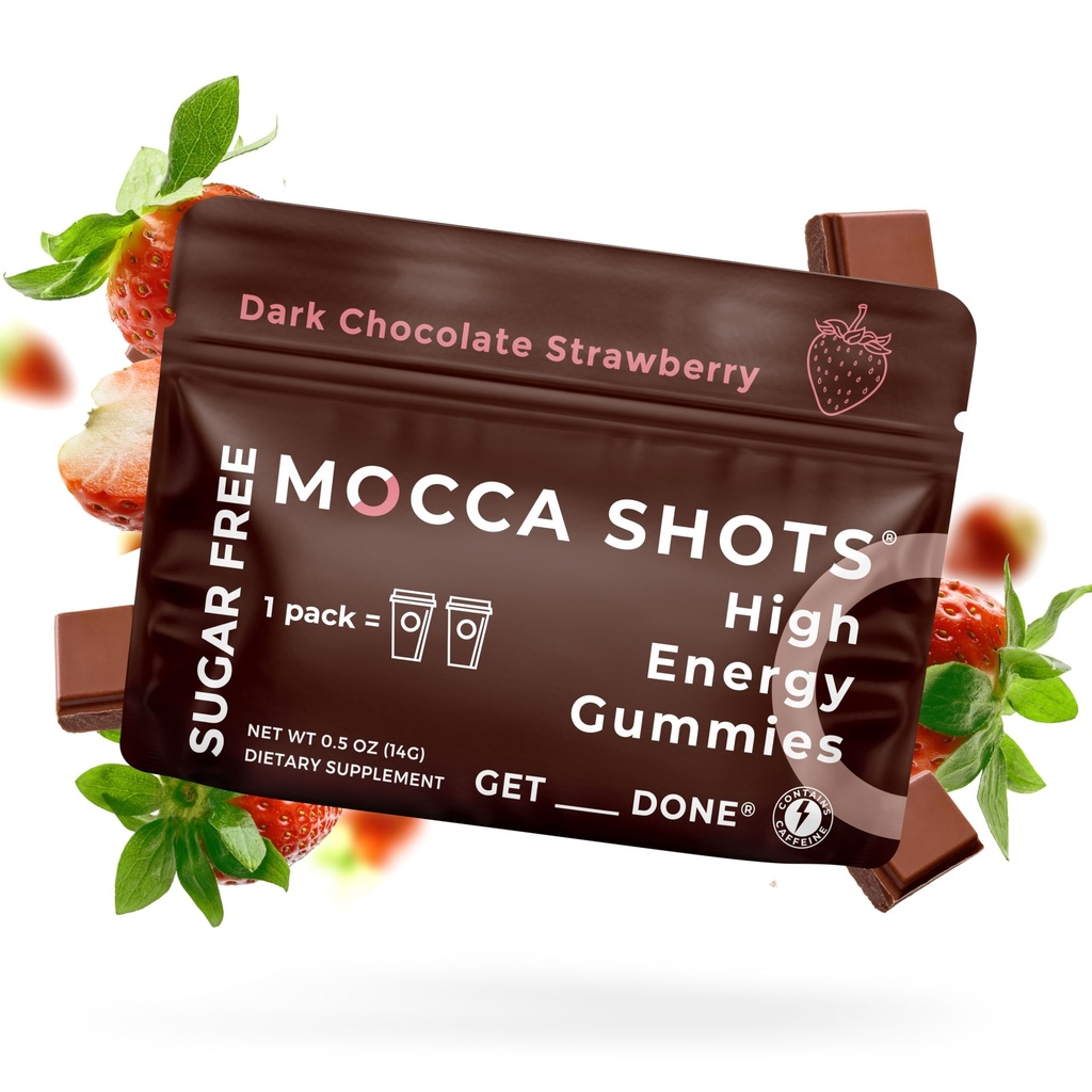 SGC najvyššia koncentrácia 100mg kofeínu na Gummy, 2 Gummy na balenie, 6-Pack Mocca Shots Sugar-Free Strawberry Plant-Based noottropic Instant Energy s Ginkgo biloba, Theobromine.