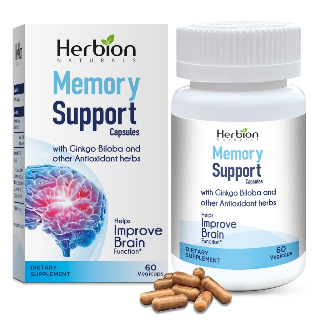 HERBION Naturals Memory Support Kapsule, pomáha zlepšiť funkciu mozgu a absent myslivosti, udržuje zdravé hladiny nálady s Ginkgo Biloba, pre dospelých, 60 Počet, balenie 1