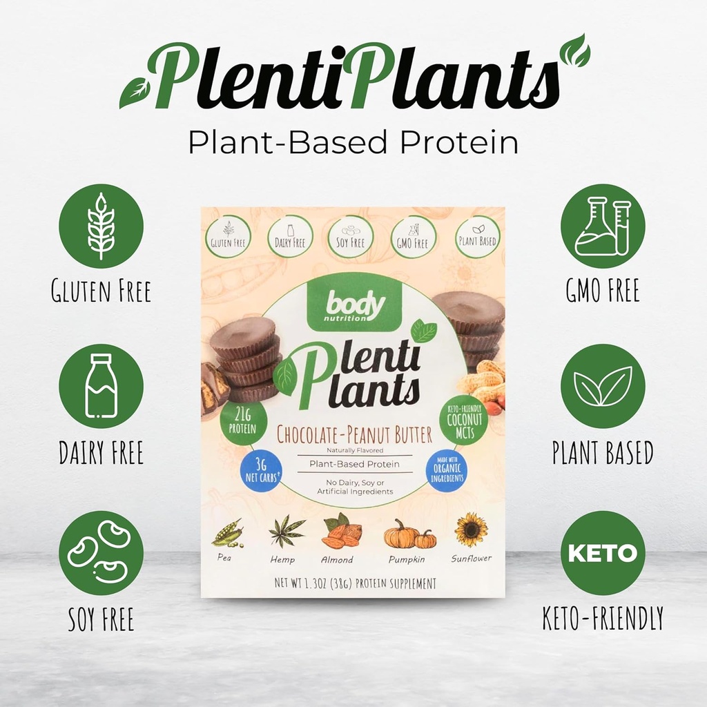 Body Nutrition PlentiPlants Plant Based Protein Powder, Dairy-free Protein Without Soy or Umelical Ingredients, Prirodzene Ochutené organické rastlinné bielkoviny Shake, Čokoláda Arašidové maslo, 38 g