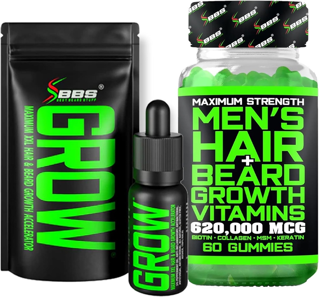 Brada rast Kit w/Grow XXL Brada olej/Sérum pre rast vlasov pre mužov + Maximálna sila 620 000mcg 14-in-1 BIOTIN Rast vlasov Vitamíny pre mužov - Formulované v Amerike