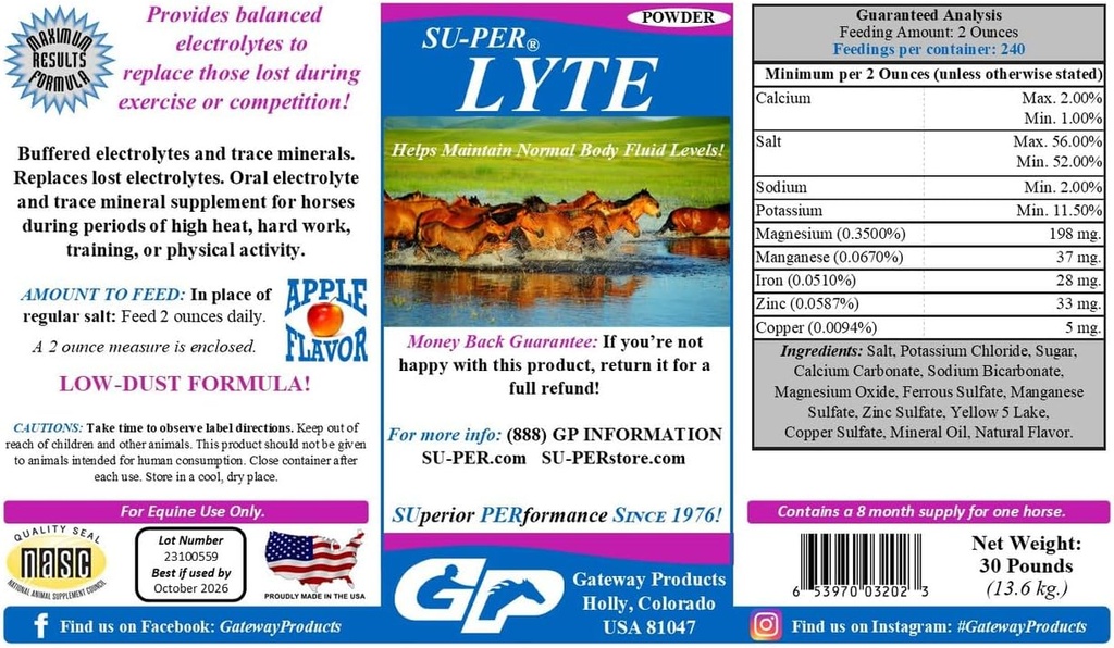 Su-PER Lyte Horse Electrolyte Supplement - Pomáha udržiavať normálne hladiny telesných tekutín - Výkonnosť Horse Minerals & Electrolytes Replacement - 30 libier, 8 mesiacov
