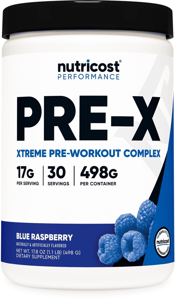 Nutricost Pre-X Xtreme Pre-Work-out Powder Complex, Blue Malina, 30 Serviv, Vegetariánska, Non-GMO a Gluten Free