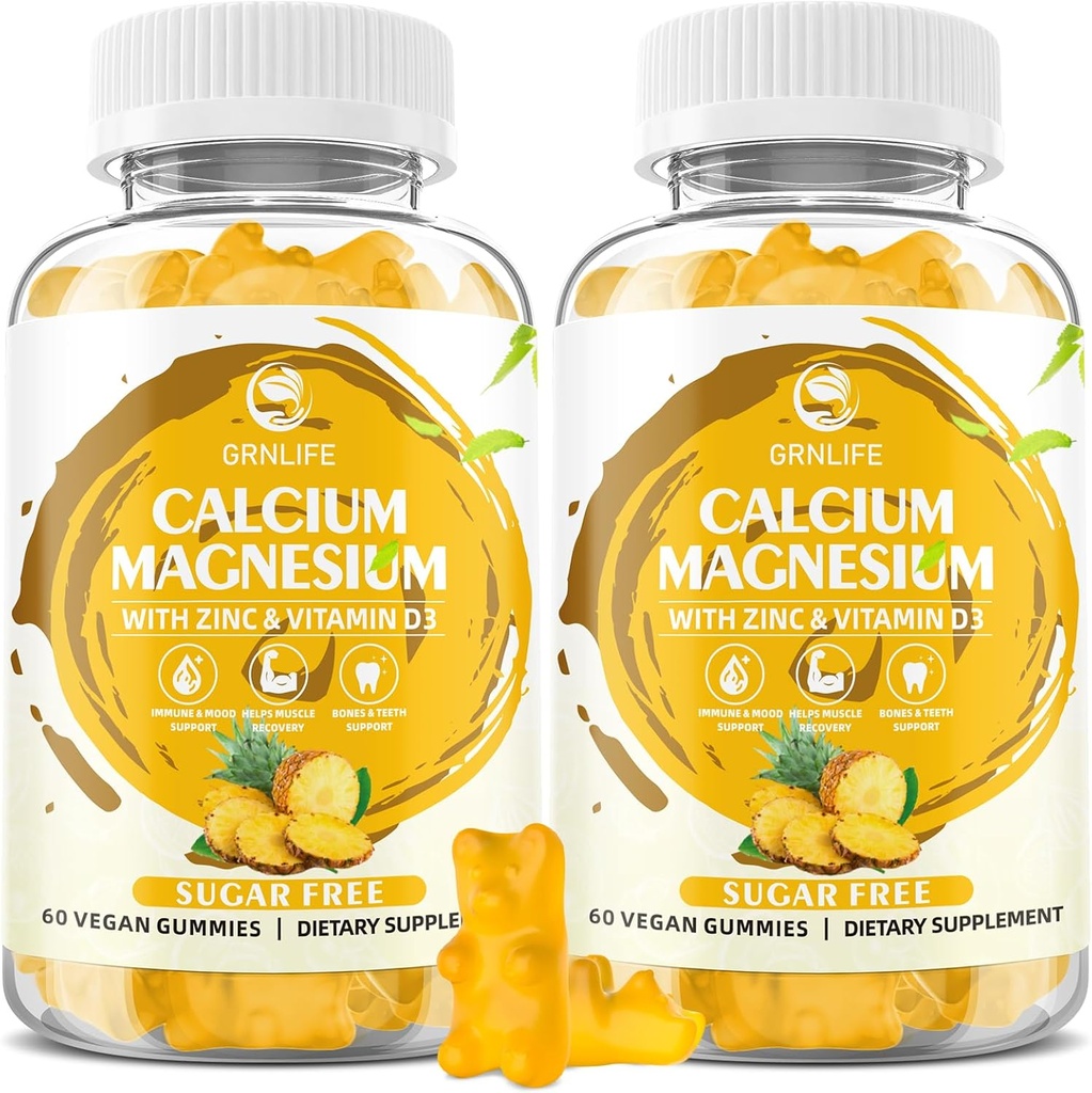 Vápnik Magnézium Zinok Gumies s vitamínom D3, bezcukrové kalciové Gumičky pre ženy Muži, vysoká potencia horčík pre kosti a svalovinu a imunitné zdravie, ananásová príchuť - 120 Počet