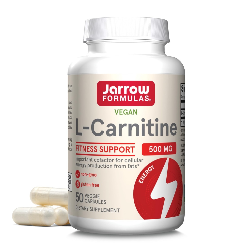 Jarrow Formules® L-karnitín 500 mg, Dietary Supplement, Support for Cellular Energy Production, 50 Veggie Capsules, 50 Day Supply