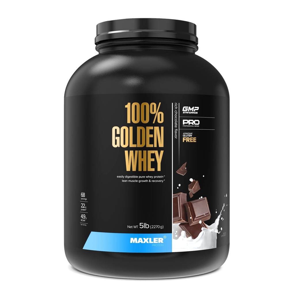 Maxler 100% Golden Srvátka - 22 g proteínu na jedno podanie - vysoký obsah bielkovín, nízky obsah tuku, nízky obsah tuku, kompletný profil aminokyselín - bohatý čokoládový proteín 5 lb