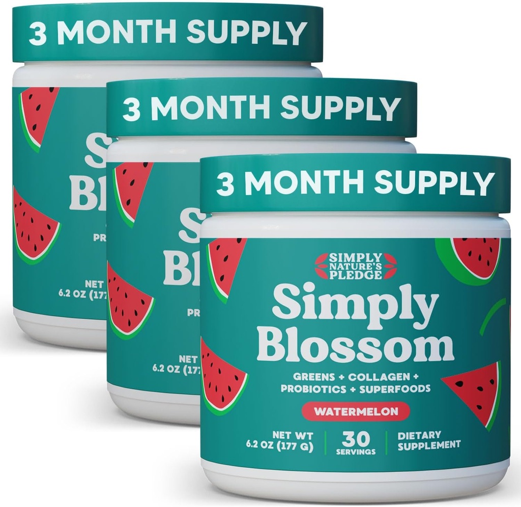 Jednoducho Blossom Nutrition Daily Greens & Superfood Powder + Collagen + Probiotiká pre ženské trávenie zdravie a úľava od chuti. Pomôžte svojmu zdraviu kvitnúť - 3 mesiace dodávky - Vodný melón