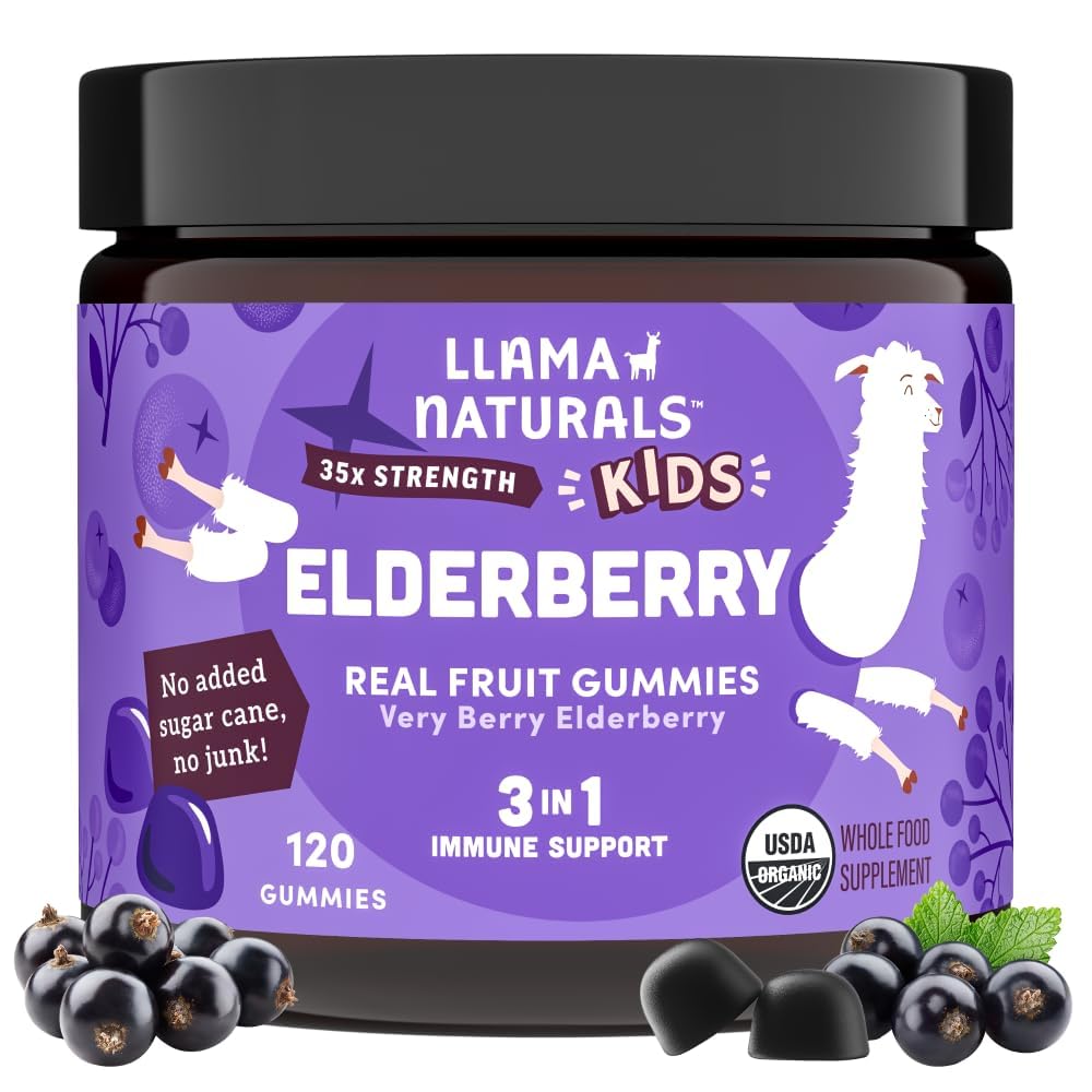 Llama Naturals Elderberry Gummies for Kids, Vegan, Organická imunita podpora doplnok s vitamínom C a zinkom, Batoľa skutočné ovocie Gummy vitamíny pre imunitu, žuvačky, bez pridaného cukru trstiny, 120 Ct