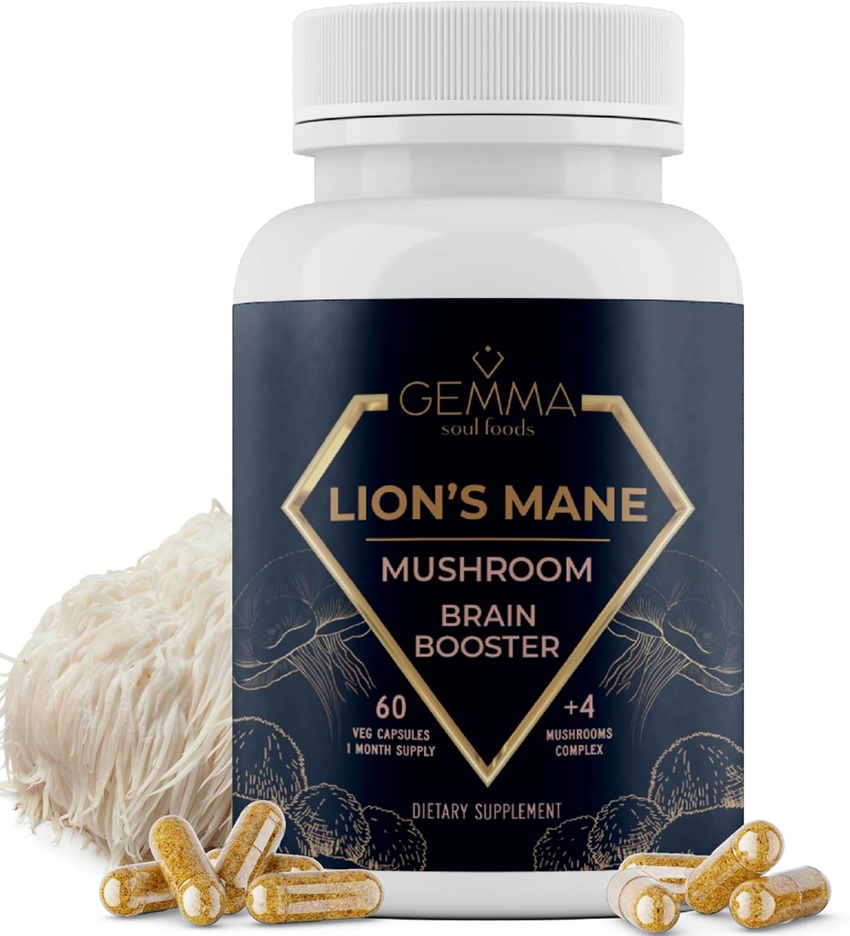 Gemma Soul Foods Organic Lion's Mane Musherom Complex - Non-GMO Lions Mane Supplement Non Tropic Chaga Shiitake and Reishi Focus Supplement 60 Caps