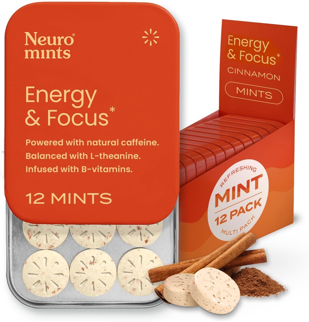 NeuroGum Energy Kofeínové mäty (144 kusov) - bez cukru s L-teanínom + prírodným kofeínom + vitamín B12 a B6 - Nootropným doplnkom pre ženy a mužov - Keto a Vegan, škorica