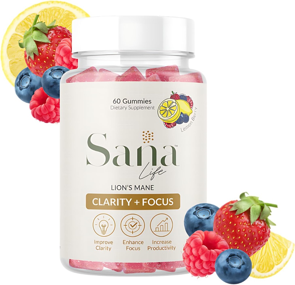 Organické Lion's Mane Mushroom Supplement Gummies - Denné zvýšenie zdravia mozgu pre jasnosť, zameranie a produktivitu - Delicious Lemon Berry Flavor - 30 Slúži