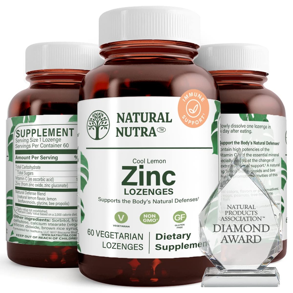 Prírodné Nutra Zinok Lozenges s vitamínom C, citrónová aróma, podporná imúnna, nervový systém a kostná sila, obohatené bioflavonoidy a včelí Propolis, sublingválny zinkový glukonát, 60 Vegetarián