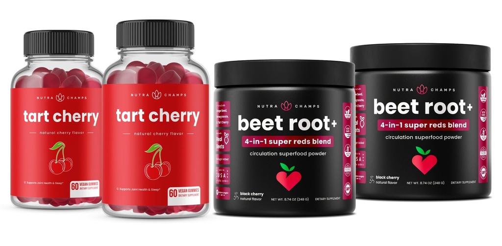 NutraChamps Tart Cherry Gummies a repný koreňový prášok