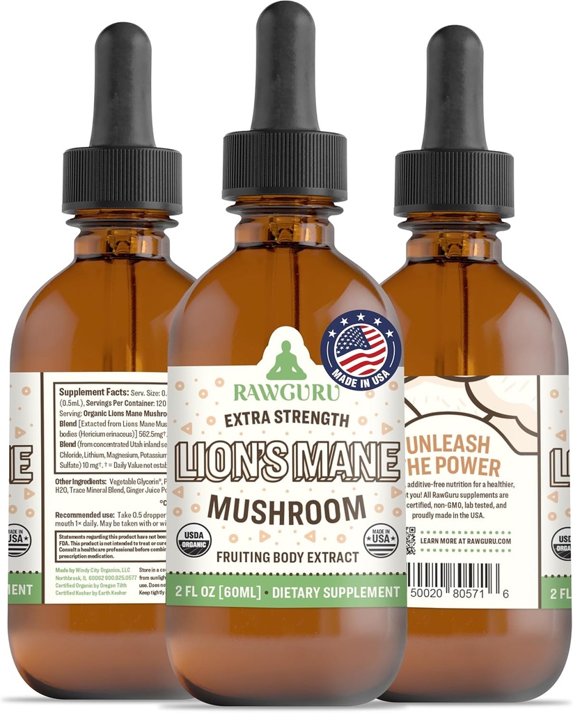 RawGuru Lion's Mane Mushroom Tincture - Vegan Lion's Mane Extract with Trace Minerals - Nano-Processed Imunity Boost & Cognitive Supplement - 120 Servings of Vegan Drops per 60 ml, balenie 1