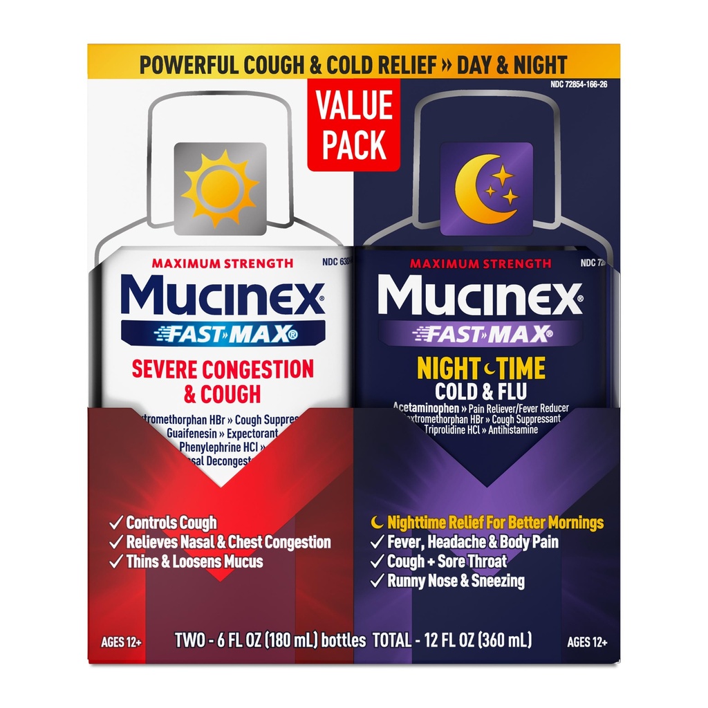 Mucinex Fast-Max & NightShift Combo Pack - Max Strength Cough & Cold Medicines For Muscus Relief, Chest Congestion, Nasal Congestion, Sinus Congestion, Sinus Pressure, Cough Symptom Relief (2x 6 FL OZ)
