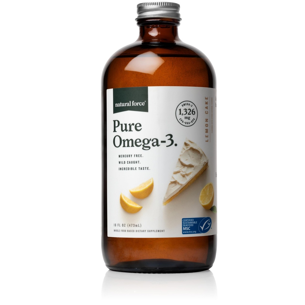 Prírodná sila Pure Omega 3 - Liquid Fish Oil - Delicious Lemon Cake Flavor - Bez ortuti, Wild Caught, Lab Tested - 1,326 mg Triglycerid EPA, DHA, & DPA - 16 Oz Sklenená fľaša