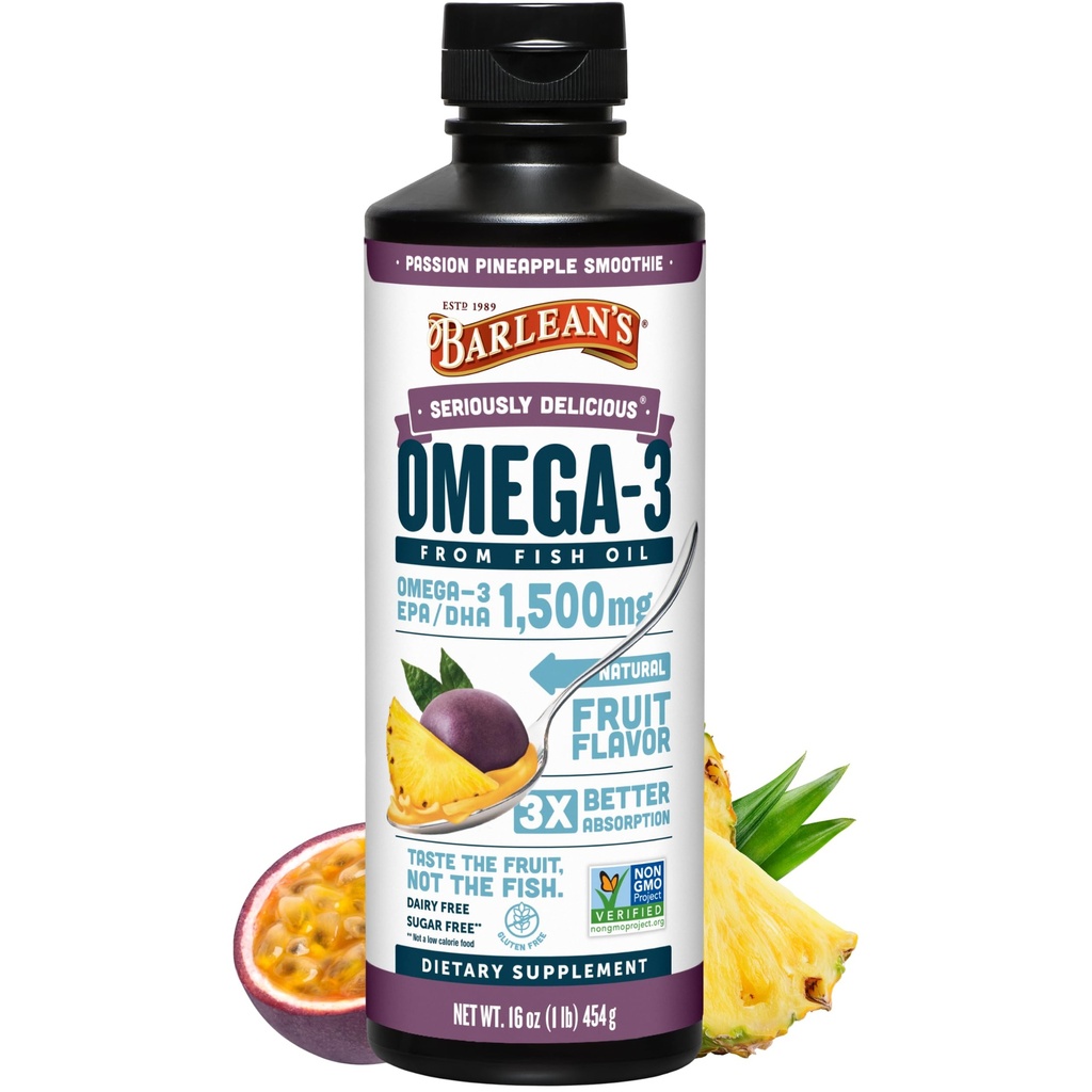 Barlean's Omega 3 Fish Oil Liquid Supplement for Men and Women, Passion Ananane, 1500mg EPA and DHA Mastné kyseliny, 16oz