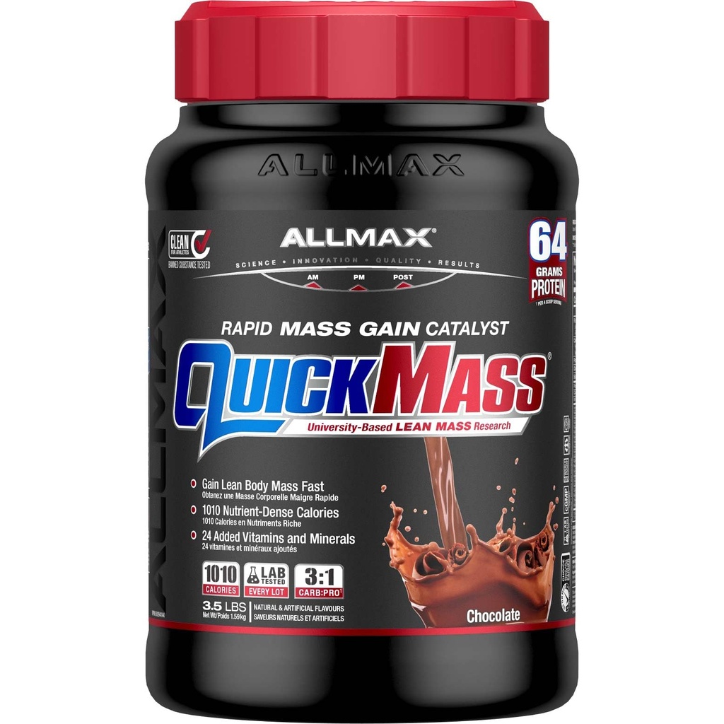 ALLMAX QUICKMASS, čokoláda - 3,5 lb - katalyzátor s rýchlym hmotnostným ziskom - až 64 gramov proteínu na podanie - 3:1 Carb to Protein Ratio - Zero Trans Tuk - až 24 dávok