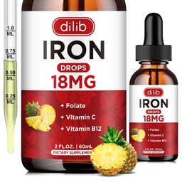 Tekuté železo Doplnky pre ženy a mužov Železo kvapky Železo Doplnky pre anémiu s folátom, Vitamín C, B12 pre červené krvinky podporu-Pineapple chuť, 2 Fl Oz