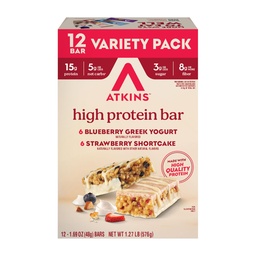Atkins Blueberry Greek Yogart & Strawberry Shortcake High Protein Bar, High Fiber, Keto Friendly, 12 Count (6 Bary Každá chuť)