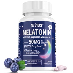 NEVISS Melatonín 50 mg pre dospelých - Extra sila 9 v-1 Rýchle rozpustenie Sublingválne - vysoká dávka s horčíkom Glycinátom, vitamín D3, Ashwagandha, citrónový balm, harmanček, bez cukru, Vegan, 60 tabliet