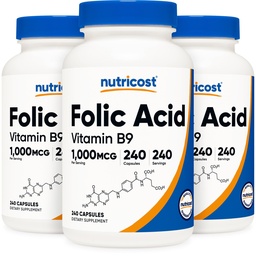 Nutricost kyselina listová (vitamín B9) 1000 μg, 240 kapsúl (3 fľaše)