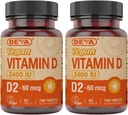 Deva Vegán Vitamín D2 60 μg 2400 IU, Ergokalciferol Supplement with No Animal Ingredients, 90 tabliet (Pack of 2)