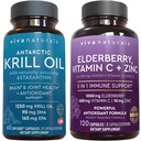 Viva Naturals Antarktída Krill Oil and Elderberry, Vitamín C, Zinok a vitamín D3 5000 IU Bundle, 1250 mg Krill Oil Providing Omega 3 EPA and DHA for Joint Health, Elderberry for Immune Support