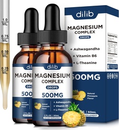 Magnézium Glycinát Tekuté kvapky 500mg - Triple Magnézium Complex Supplement with Citrate, Malate, Ashwagandha, L-theanine, Vitamín B6 for Sleep, Stres Relief, Muscle, Ananás Fl Oz