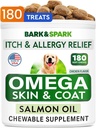 BARK&SPARK Omega 3 pre psy - 180 druhov rybieho oleja na psie šúpanie, kožné alergie, úľava od svrbenia, liečba horúcich miest - Spoločné zdravie - Skin and Coat Supplement - EPA & DHA mastné kyseliny - lososový olej