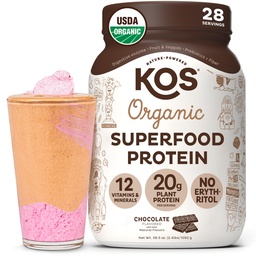 KOS Vegan Protein Powder Erytritol Free, Chocolate - Organic Pea Protein Blend, Plant Based Superfood Rich in Vitamíny & Minerals - Keto, Dairy Free - Meal Replacement for Women & Men, 28 Servings